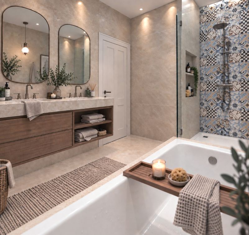 Bad mit Doppelwaschtisch, Badewanne und Dusche mit gemusterten Fliesen