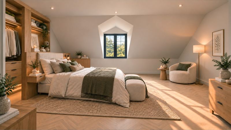 Schlafzimmer im Dachgeschoss mit Gaupenfenster und Holzschrank