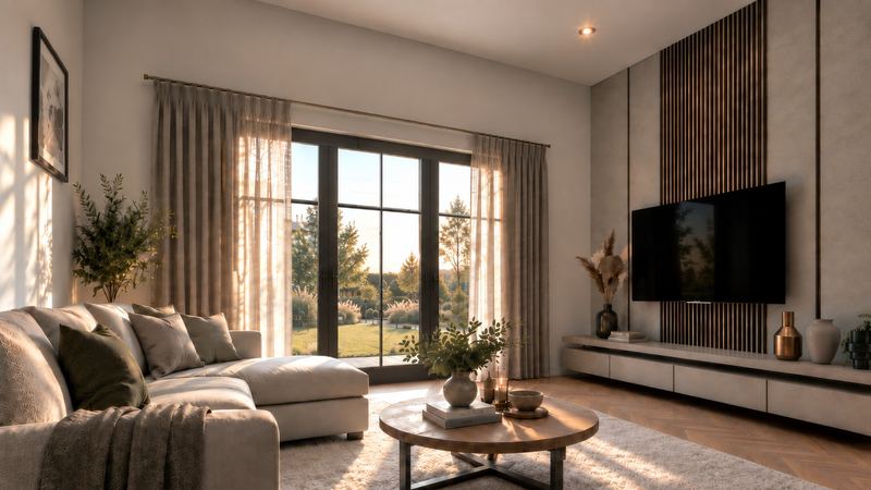 Wohnzimmer im Abendlicht mit Sofa und großer Glastür